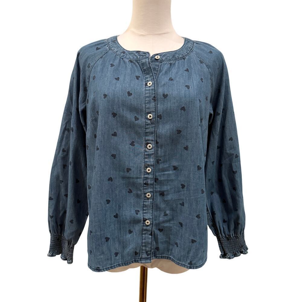 Talbots Denim Ruffle Top Spring Hearts Large 100% Cotton Resort Casual Summer